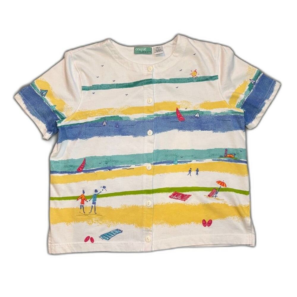 100% Cotton Beach Themed Embroidered Button Up Shirt Medium